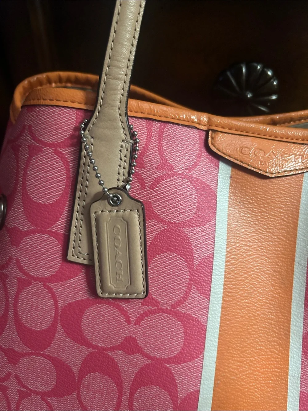 Coach Pink Signature Shoulder Tote with Orange Center Stripe and Tan Handles